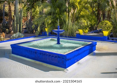 ‎Marrakesh, Morocco - February ‎8, ‎2020: The Jardin Majorelle and its iconic Majorelle blue Art Deco house, YSL Garden