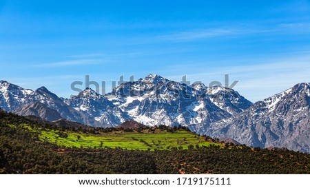 Morocco  High Atlas Mountain range. Morocco  High Atlas Mountain range. Springtime. Blue sky. Bright sunshine. 