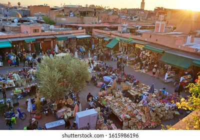 
Morocco, Marrakech, Rahba Kedima & Souks -13 January 2020, Aerial View Of Busy Market Square In Old Medina 