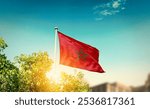 Morocco national flag waving in blue sky behind the tree and building. The flag blowing with beautiful sunlight. Morocco national flag for independence day.