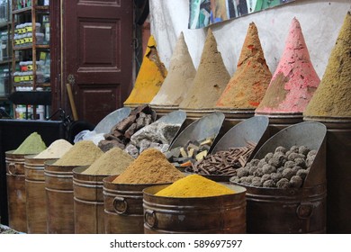 MOROCCO,MARRAKESH - NOV 12 2015: Moroccan Spices Stall On The Marrakesh Souk