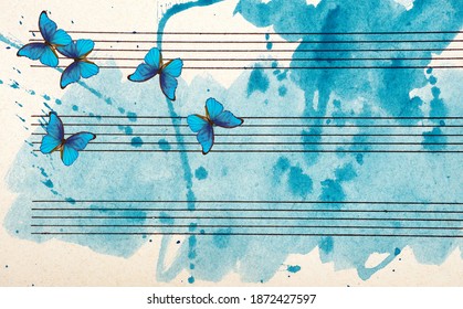 Morpho blue butterflies and notes. Butterfly melody. Old music sheet in blue watercolor paint. Blues music concept. Abstract blue watercolor background.
