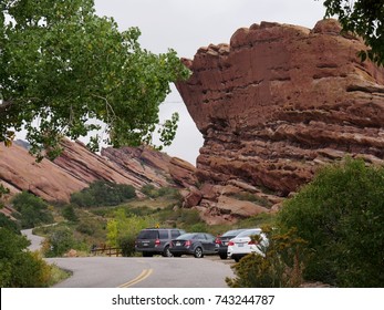 MORRISON, COLORADO—OCTOBER 2017: Cars park on the roadside infront of beautiful red rock formations in Morrison, 30minutes away from Denver, Colorado, Jefferson County. 