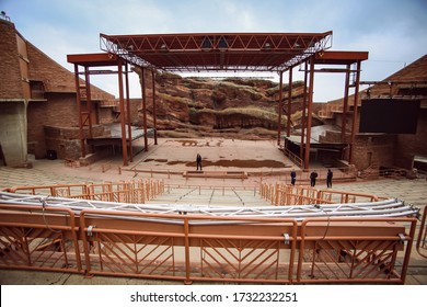 Morrison, Colorado/USA - 05.04.2015: Red Rocks Park And Amphitheater, View From The Benches To The Stage, Wide Angle, On A Day With No Rock Concert, Empty Stage And No Audience.