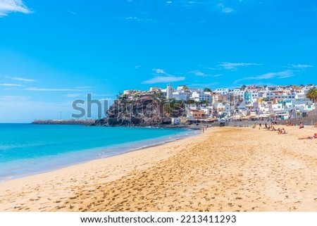 Morro Jable viewed behind Playa de Matorral, Fuerteventura, Canary islands, Spain.