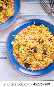 Morrocan Ceramic Dish With Couscous Salad Served