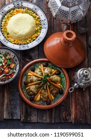 Morrocan Party Food Tajine, Salad, Couscous, Tea, Top View.