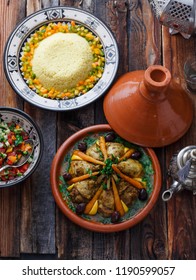 Morrocan Party Food Tajine, Salad, Couscous, Tea, Top View.