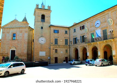 MORROVALLE, ITALY - CIRCA JULY 2020: Main Square Of Morrovalle. Piazza Vittorio Emanuele Is The Center Of Civic Life, With The Palazzo Comunale (town Hall) And Its 13th Century Bell Tower