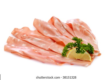Mortadella in front of a white background