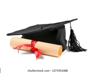 Mortar Board And Diploma On White Background. Concept Of High School Graduation