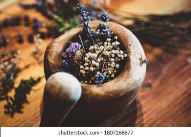 Mortar With Dried Healing Herbs And Flowers, Ritual Purification And Cleansing, Closeup