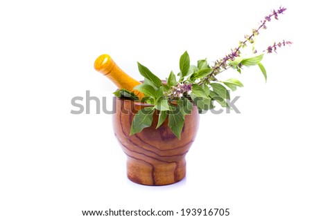mortar pestle with basil leaf on isolated white background 