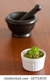 Mortar And Pestle With Cilantro Pesto