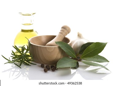 Mortar And Pestle, With Fresh-picked Herbs