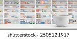 Mortar and pestle on pharmacy counter top with blur medicine shelves in drugstore background