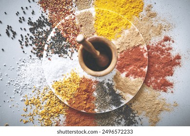 Mortar, pestle and spices by white background for variety, ingredients and sensory appeal for creativity. Studio, powder and seasoning for cooking with curry, condiment and herbs flavor for culinary - Powered by Shutterstock