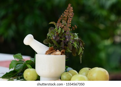 Mortar And Pestle With Tulsi Leaves (Basil ),Amla And Neem Leaves. Trivandrum, Kerala, India.