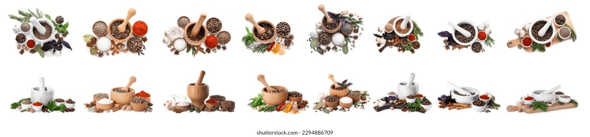 Mortars with spices and herbs on white background, top and side views. Collage design - Powered by Shutterstock