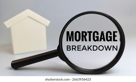 Mortgage breakdown document viewed through magnifying glass with miniature house, real estate finance, home loan analysis, and property payment concept. 