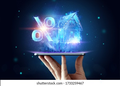 Mortgage Concept For Housing Mortgage Interest Rates. Male Hand With Tablet And Hologram At Home And Percent Sign. Copy Space, Mixed Media