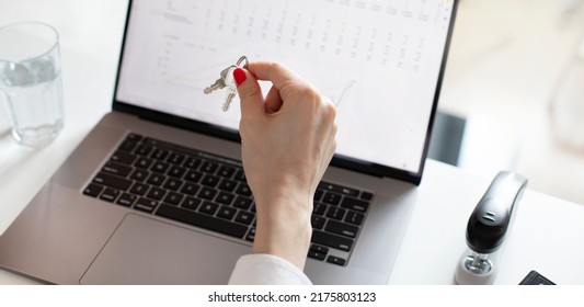 Mortgage House Credit Accountant Consulting Woman Calculating Risks. Money Female Manager Portrait Photo With Laptop, Pen, Making Marks.