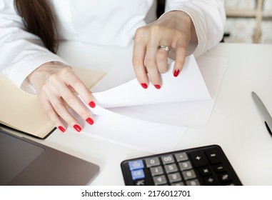 Mortgage House Credit Accountant Consulting Woman Calculating Risks. Money Female Manager Portrait Photo With Laptop, Pen, Making Marks.