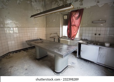 Mortuary Slab In Old Abandoned Spooky Hospital Morgue 