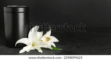 Mortuary urn and white lily flowers on dark background with space for text