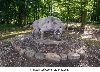 Moryn, Poland - July 13, 2017: Model Of Extinct Specie Of Saber-toothed Cat In Geopark In Moryn