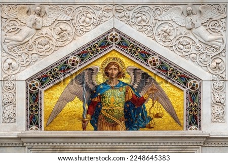 Mosaic of the Archangel Michael on the northern entrance of the Church of Saint Spyridon, Trieste, Italy