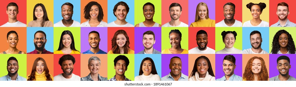Mosaic Of Diverse Smiling Faces Of Successful Males And Females Portraits Over Different Colorful Studio Backgrounds. Social Diversity Concept. Headshots Collage, Panorama