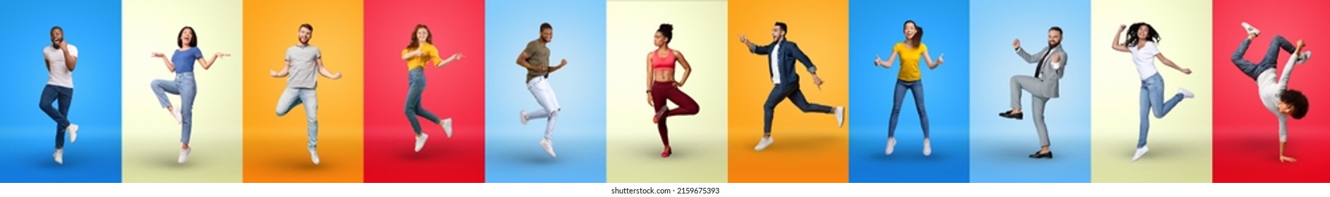 Mosaic of full length studio photos of cool multicultural millennial people posing on colorful backgrounds, showing positive emotions, exercising, gesturing and grimacing, collage, panorama - Shutterstock ID 2159675393