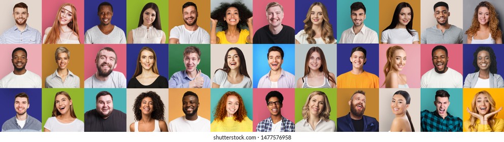 Mosaic of happy and successful people on bright backgrounds, panorama