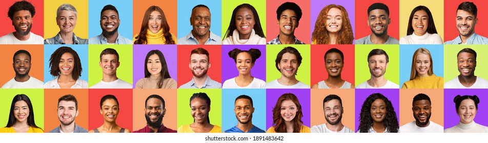 Mosaic Of Headshots With Successful Women And Men Of Different Age And Ethnicity Posing Over Colorful Studio Backgrounds. Human Diversity And Social Variety. Portraits Collage. Panorama - Shutterstock ID 1891483642