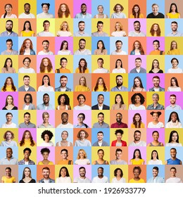 Mosaic Of Many Cheerful Faces In Square Collage. Happy Successful Multicultural People Portraits Of Smiling Females And Males On Colorful Studio Backgrounds. Diversity Concept - Shutterstock ID 1926933779