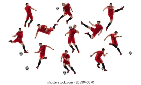 Mosaico de movimientos. Collage hecho de disparos de un futbolista profesional africano con una pelota en movimiento, acción aislada sobre fondo blanco. Ataque, defensa, lucha, patada. Hombre con kits de fútbol rojo