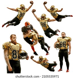 Mosaic Of Movements. Set Of Images Of Professional American Football Players With Ball In Motion, Action Isolated On White Studio Background. Attack, Defense, Fight, Kick. Man In Red Football Kits