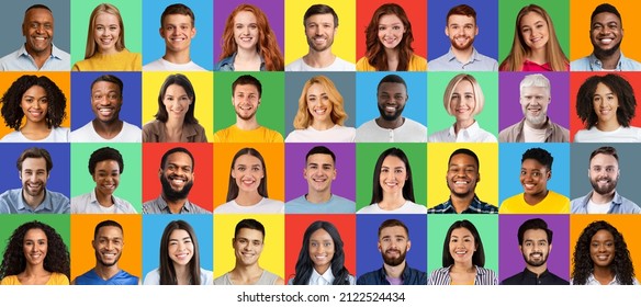 Mosaic of multiethnic people portraits expressing positivity, smiling and looking at camera on different colorful studio backgrounds, panorama. Collage of diverse human faces