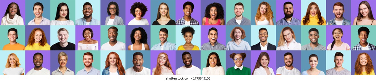 Mosaic Of Multiracial Happy Young People Faces Smiling To Camera Posing On Colorful Violet And Turquoise Studio Backgrounds. Panorama - Shutterstock ID 1775845103