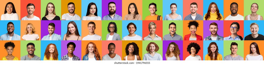 Mosaic Of Multiracial Millennial People Faces Headshots Over Colorful Backgrounds