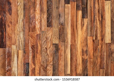 Mosaic Of Old Wooden Slats, Wooden Planks. Brown Slats, Planch, Bred Wall. Vintage Rustic Close-up Wood Texture.