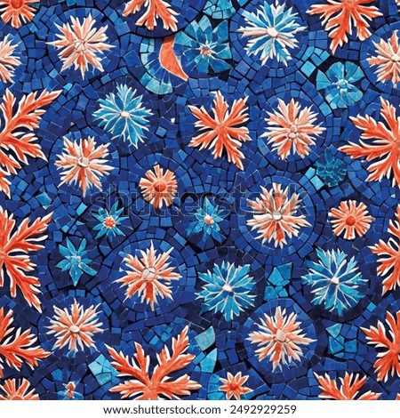 mosaic pattern, seamless and placement pattern with corals, decorative mosaic, vector, underwater, green, coral blue and coral red colors