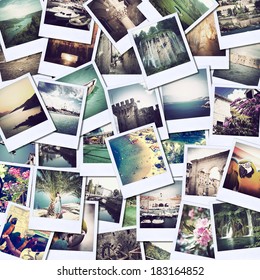 mosaic with pictures of different places and landscapes, snapshots uploaded to social networking services