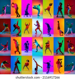 Mosaic. Set with images of young men and women, break dance or hip hop dancers dancing isolated over multicolored background in neon. Youth culture, movement, music, fashion, action. - Shutterstock ID 2116917266
