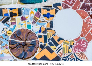 Mosaic Tiles In Park Güell, Barcelona, Spain