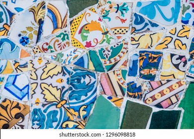 Mosaic Tiles In Park Güell, Barcelona, Spain