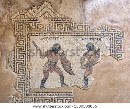 Mosaic of two gladiators, Margarites (left) and Hellenikos (right), late-3rd century CE, House of the Gladiators, Kourion (Cyprus)