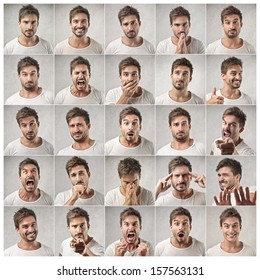mosaic of young man expressing different emotions - Shutterstock ID 157563131