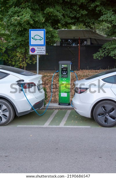 Moscenicka Draga, Croatia - August, 11, 2022 :\
Two white Tesla cars charging at EV charging station or electric\
vehicle supply equipment\
(EVSE).